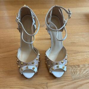 Ivanka Trump Peep Toe Gold Studded Beige and Cream Heel Pumps